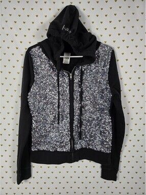 Victorias Secret Pink Fashion Show BLING Full Zip Hoodie Black MEDIUM Sequined